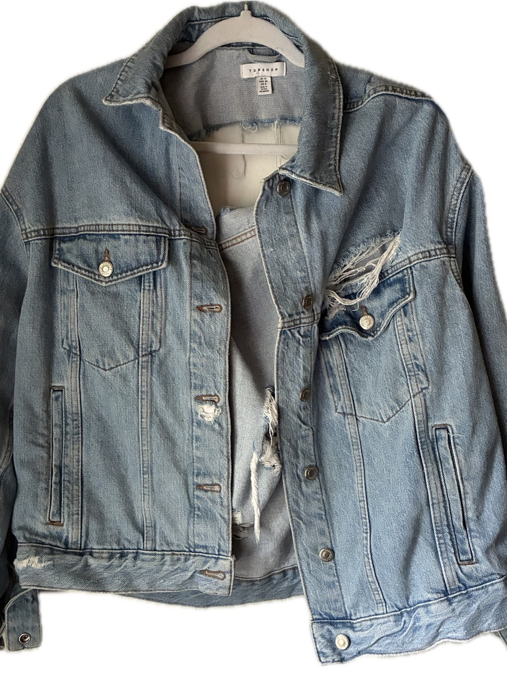 Topshop Light Wash Distressed Denim Jacket - Blue
